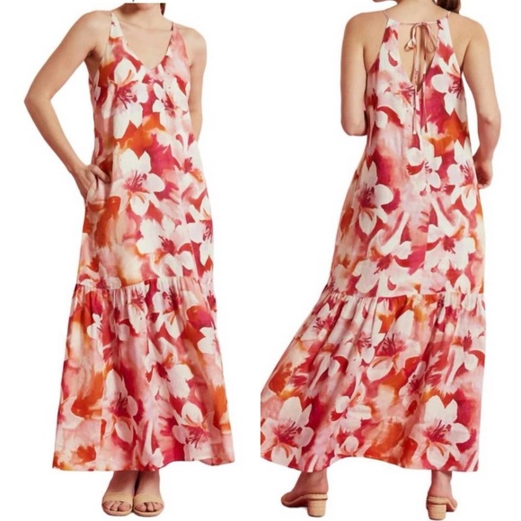 Tyler Boe Linen Maxi Dress XL Floral Tropical Tiered Pockets NWT